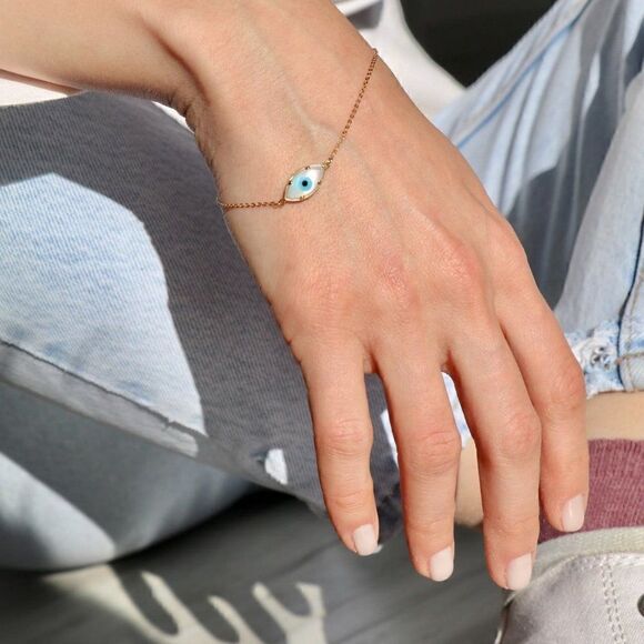 14k Real Gold Evil Eye Bracelet 7+1 inches NEW | Birthday Gift | Gold Bracelet | - Picture 2 of 6